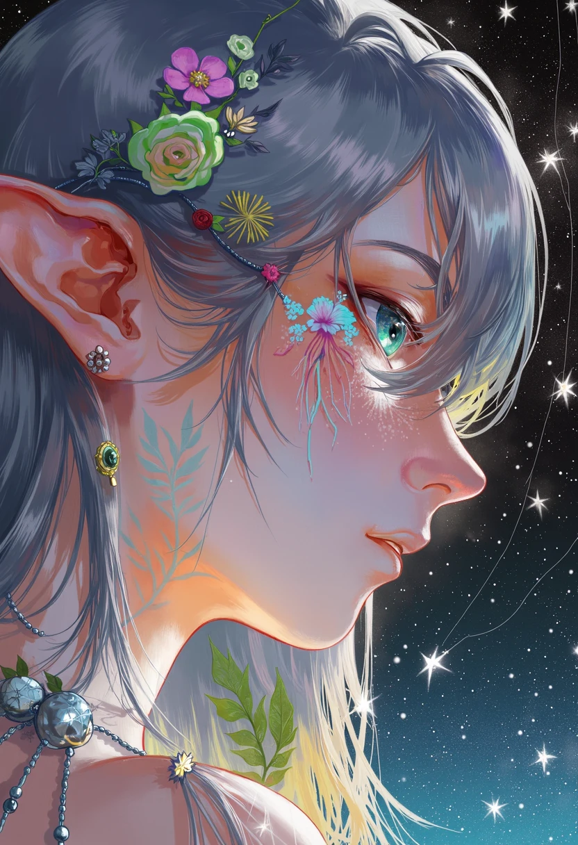 Create a close-up image of a fantasy elf’s face. Her skin glows with a soft, ethereal light and is adorned with neon tattoos that cover her face in intricate patterns. The tattoos emit a magical glow that illuminates her delicate features. Her eyes are large and bright, subtly changing between shades of blue and green, as if holding an ocean within them. Her long, silver hair frames her face, adding a touch of magic to the scene. The background features a starry sky that enhances the dreamy atmosphere , fantasy art, detail eyes, magic eyes, de01, fca_style, flowers, flowering style, Graphic design, flyer, poster,