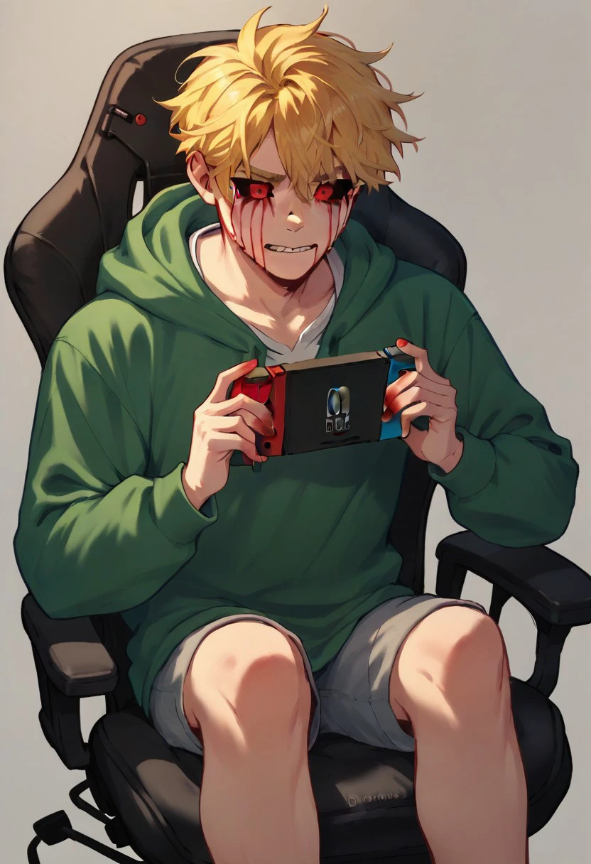 score_9, score_8_up, score_7_up,  quarter body, solo, 1boy, B3NDROWNED, red pupils, black sclera , bloody tears, blonde hair ,green hoodie, playing a Nintendo switch, sitting in gamer chair