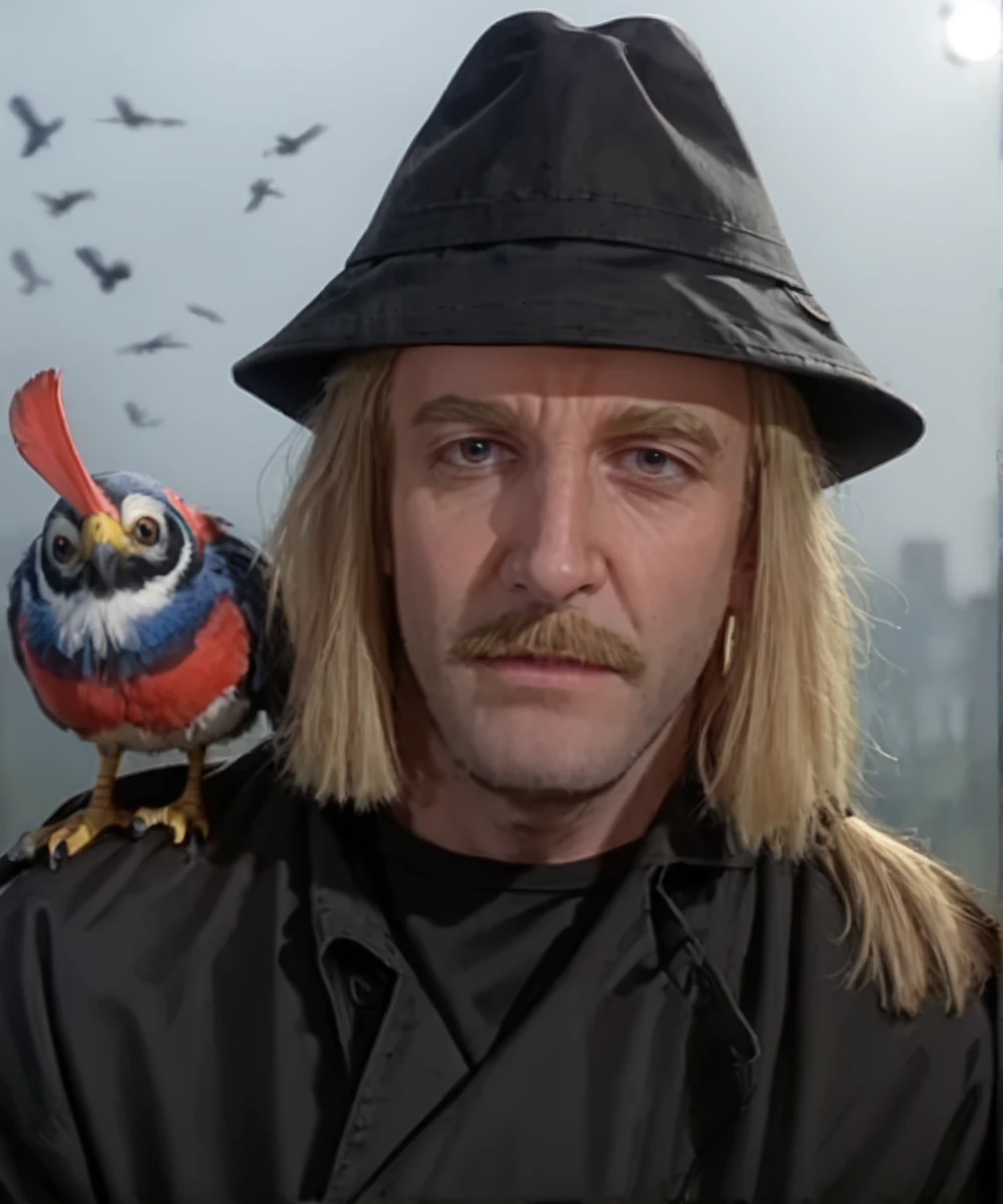 score_9 <lora:jacques_clouseau_FORPONY:1>1boy, seaman, hat, animal, bird on shoulder, blonde, facial hair