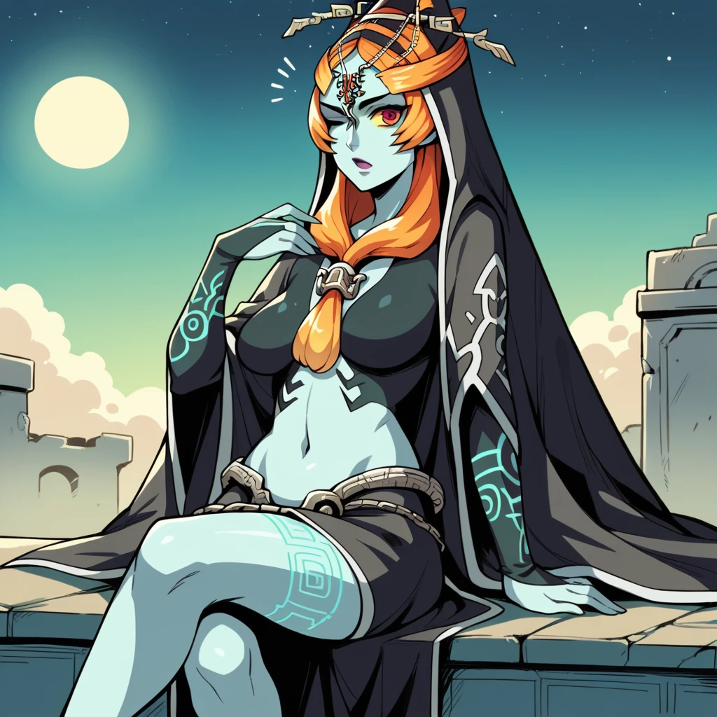 score_9_up, score_8_up, score_7_up, source_anime, masterpiece, best quality, 1girl, solo, Midna, Mid_True, moon light, starry sky, night sky, ancient ruins, sitting on stone ledge, crossed legs, looking at you, open mouth, wink, confused, midna, front ponytail, orange hair, long hair, makeup, colored skin, yellow sclera, purple lips, red eyes, bridal gauntlets, elbow gloves, black gloves, black cape, hood, blue skin, neon trim, black bra, long skirt, black skirt, midriff, navel, mature body, dynamic cowboy shot, outdoors, sky clouds background