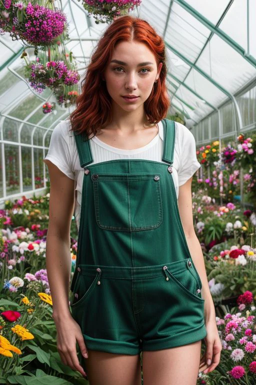 Merger_laura_aria,
(in a giant glass green house filled with exotic flowers and plants wearing overalls and a bandana walking through the flowers, arboretum, green house, glass, plants, flowers:1.3),
bokeh, f1.4, 40mm, photorealistic, raw, 8k, textured skin, skin pores, intricate details  <lora:epi_noiseoffset2:1>, epiCRealism