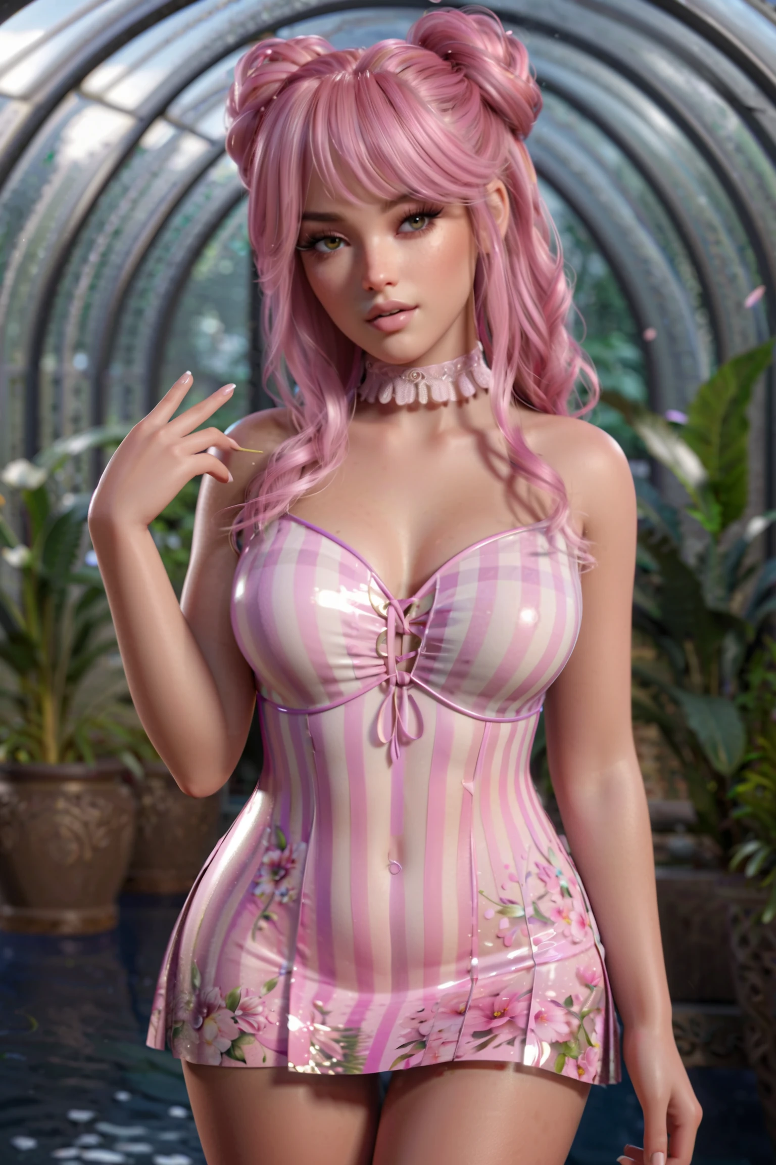 ((masterpiece 1girl waifu, long straight bright pink hair, yummy, Russian mixed with Mexican, red lipstick, pink rabbit ears, slave, sexual look, huge breasts, thin waist, perfect thighs, thick thighs, full breasts, soft breasts, micro bikini of League of legends armor, sweaty body, body with baby oil, shiny body, elegance, leaning against a table, wooden, long gray lace socks, black gloves, fingerless, 8k ultra HD))
