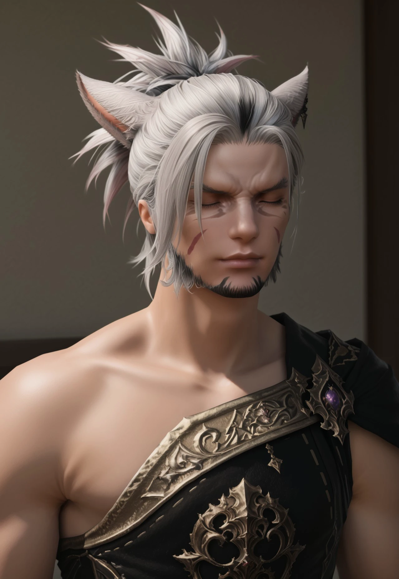 Score_PnyReal, A cinematic shot, face2_xiv, miqo'te, solo, animal ears, miqo'te, male focus, 1boy, cat ears, dark skin, multicolored hair, two-tone hair, facial hair, dark-skinned male, upper body, facial mark, facing viewer, white hair, closed eyes, bare shoulders, closed mouth, cat boy, grey hair, 3d, final fantasy xiv, fantasy