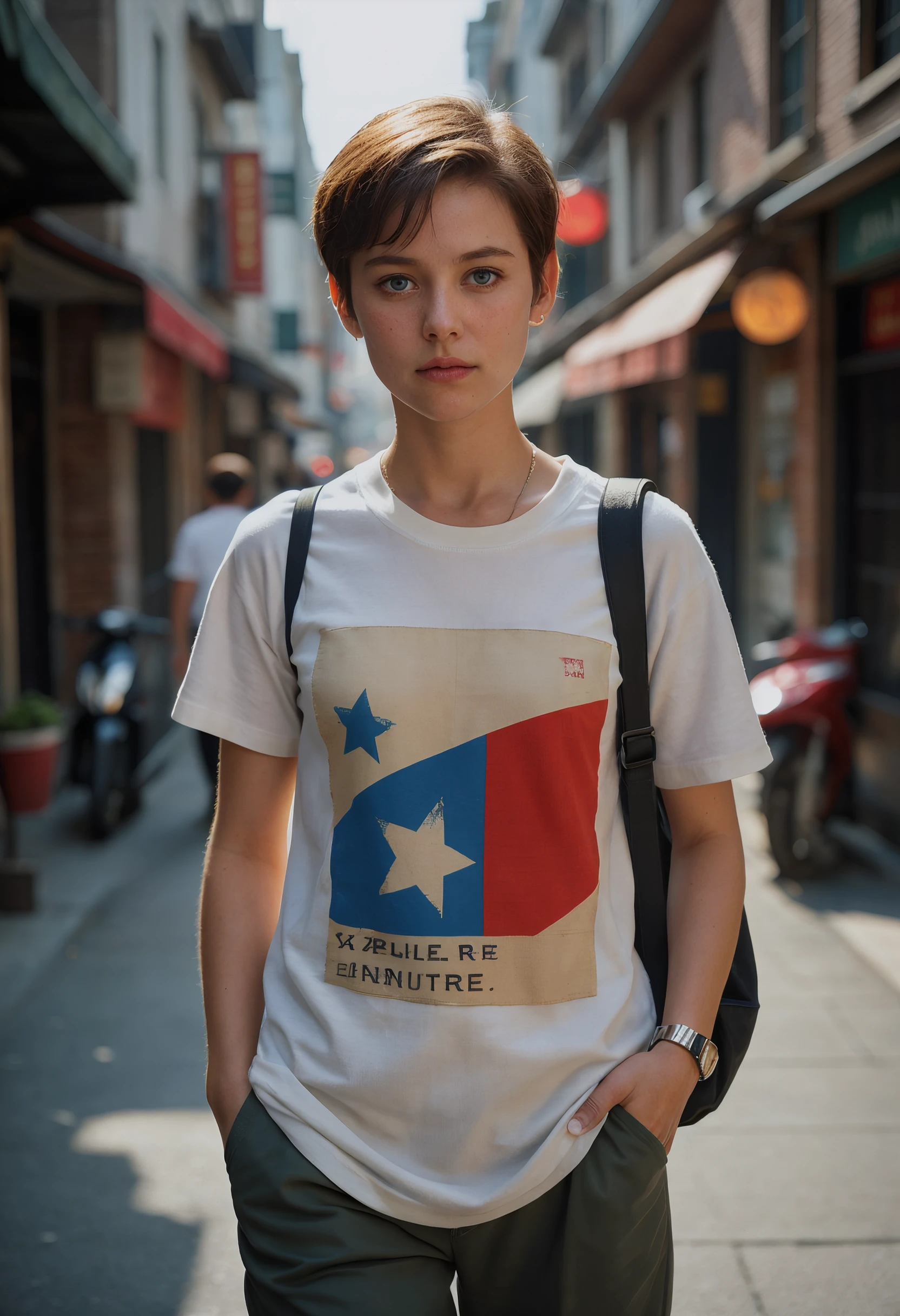 A close-up shot, styled by Zhang Jingna, captured on a Fujifilm X-T3 with Fujicolor Pro 400H film, showcases a Caucasian woman with blue eyes and a pixie cut brown hair, wearing a bold graphic print T-shirt dress, casually walking down a bustling city street, her gaze directed slightly ahead, one hand tucked into her pocket, the other swinging naturally, the image framed tightly around her face and upper body, emphasizing her confident expression, with a muted background, natural soft lighting casting a warm glow on her face, a shallow depth of field blurring the background, and a muted low grain effect, evoking the feel of a Vogue magazine photoshoot, highlighting her as a beautiful girlfriend figure in a relaxed yet fashionable pose, with a focus on elegance and simplicity.