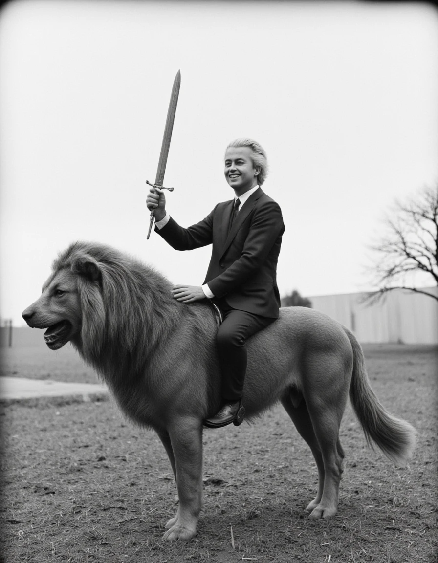 daguerreotype photo, <lora:Geert Wilders:1.8> Geert Wilders holding a sword up in the air while riding a lion the netherlands, lion, solo, salaryman, business suit, windmill, smiling, laughing, holding a sword,  1920s photography, historical photo, aged photo, black & white photography, damaged photoâââ