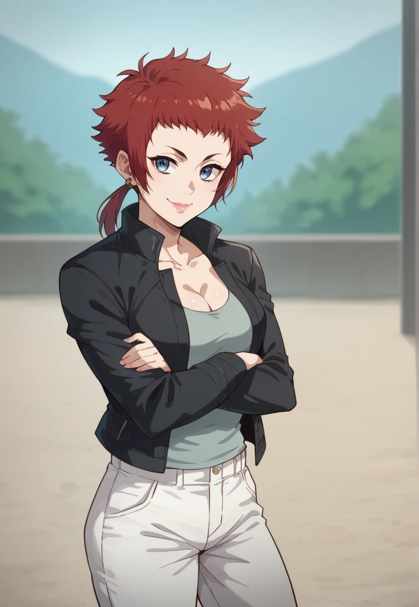 <lora:EmmaSamanda-10:1> emmasamanda, red hair, short hair, low ponytail, blue eyes, earrings, pink lips, medium breasts,  EmmaCasual, black jacket, long sleeves, cleavage, tank top, grey shirt, white pants, black boots, (smile, looking at viewer, closed mouth, crossed arms,  solo), outdoors,, 16k, masterpiece, absurdes, highly detailed, highres, high quality, best quality, score_9, score_8_up, score_7_up, score_6_up, shiny, shiny skin, shiny hair, Full body, solo focus