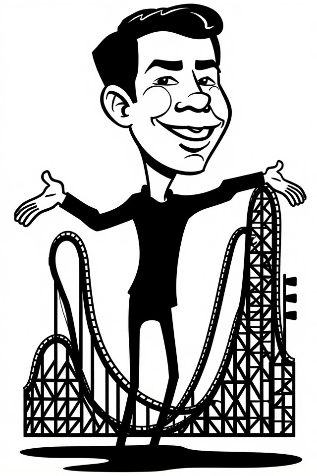 crctfl style, man standing, upper body, exaggerated, expressive, comedy, parody, illustration, Amusement park and thrilling roller coasters 
<lora:flux_events_Caricature_crctfl_style:1>