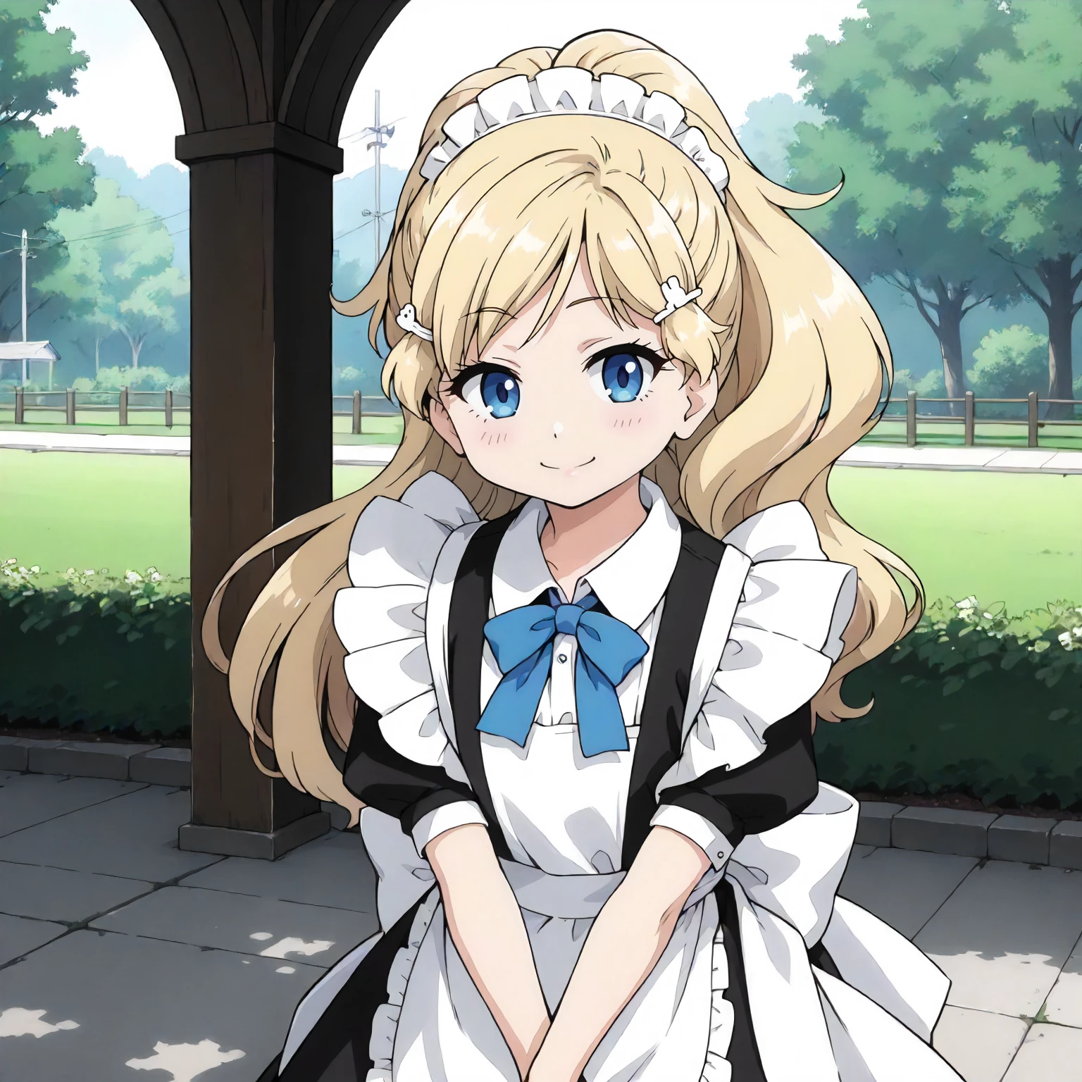 <lora:EPP_MokaChigasakiXLpony002>,
outdoors,
smile,
solo,
MokaChigasaki,1girl,blonde hair,high ponytail,hairclip,hair_ornament,blue eyes,
standing,
maid,