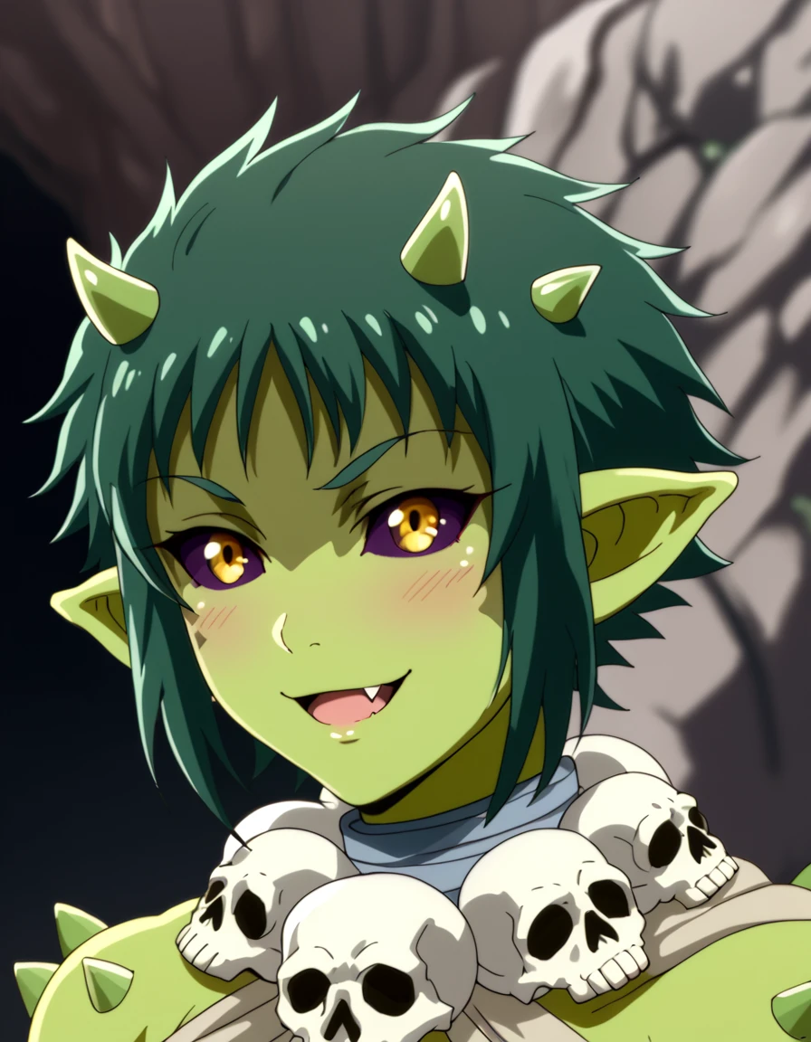 score_9, score_8_up, score_7_up, score_6_up, score_5_up, score_4_up, source_anime  <lora:PeterGrillPhilosophersTimeV2:1>, soft smile, portrait,  Ngapopo, short hair, yellow eyes, horns, green hair, pointy ears, fang, colored skin, monster girl, colored sclera, black sclera, skull, green skin,