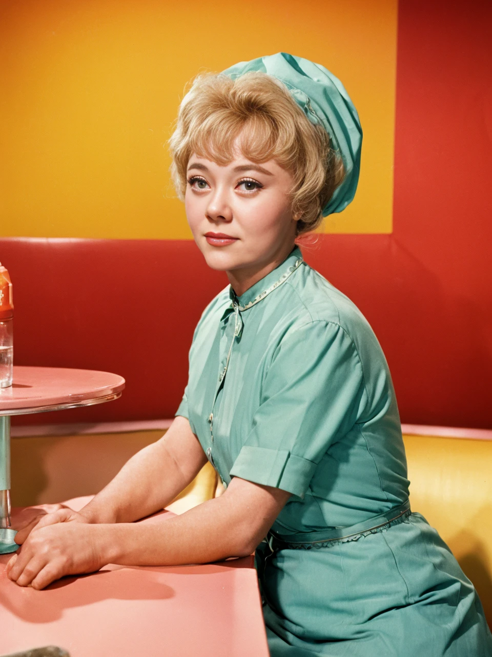 <lora:GlynisJohns:1>a nice photo of glynis johns as a waitress in a 60s diner. 4k, highest quality, professionally color graded masterpiece