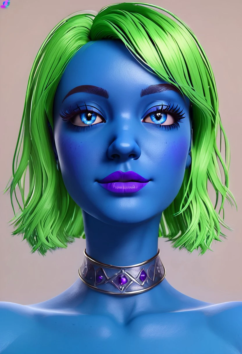 jannetblue, portrait, face, close up portrait, in the bedroom, blender, 3d, smooth, high details, masterpiece, 4k, smile, (blue skin), (green hair), (neckband), (purple lips), (blue eyes), sexy, cute, woman, girl