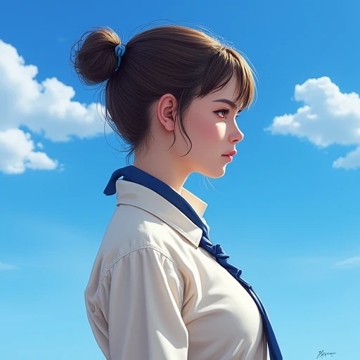 sky, bdsm, low-tied long hair, nipples, parted lips, can, single hair bun, blue theme, tied shirt, red eyes