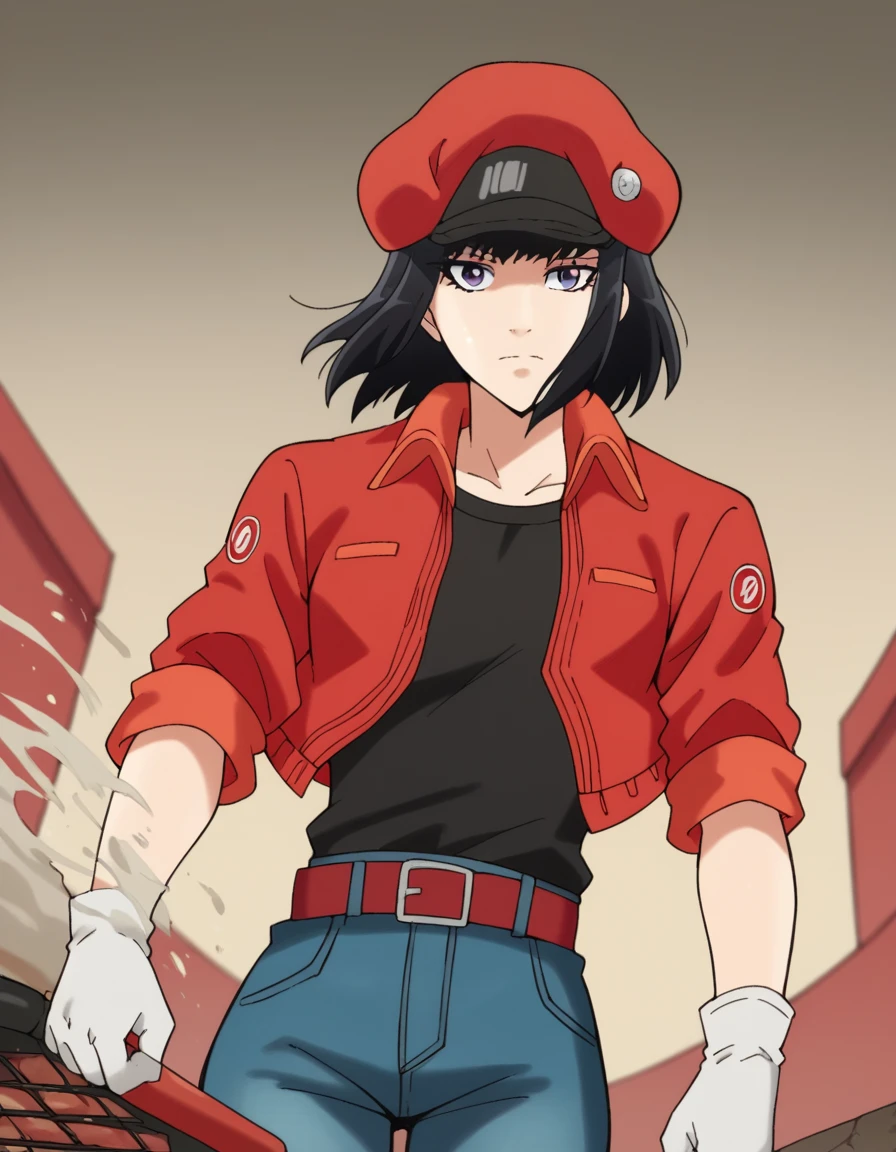 score_9, score_8_up, score_7_up, source_anime, <lora:red-blood-cell-nt4201-s1-ponyxl-lora-nochekaiser:1>, red blood cell nt4201, short hair, black hair, purple eyes,, shirt, gloves, hat, jacket, belt, pants, white gloves, black shirt, denim, red headwear, red jacket, jeans, cabbie hat,, backyard, barbecue, grilling, laughter, summer evening, , , arm holding an object, solo,, cowboy shot, dutch angle