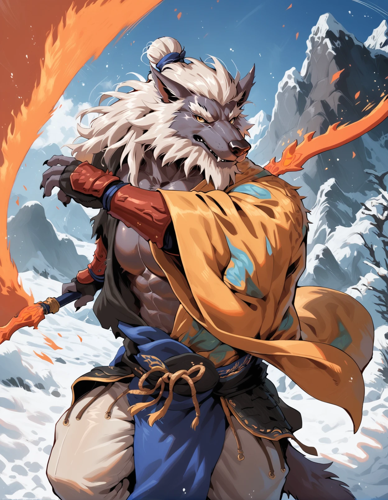 score_9, score_8_up, score_7_up, score_6_up, source_furry,
gz, wolf, male, anthro, solo, mature, white mane hair, white beard, gauntlets, hair bun, pattern robe, battle robe, red vambrace, hair tie, yellow eyes, half-length portrait,BREAK
gz, wolf, male, anthro, solo, mature, pattern blue loincloth, fighting pose, holding melee weapon, double headed fire blade, sparks, fire, motion blur, fangs, looking at viewer,fur, snow, mountain,white pants,  polearm,
<lora:BlackMythGuangzhi_1.1.8:1>