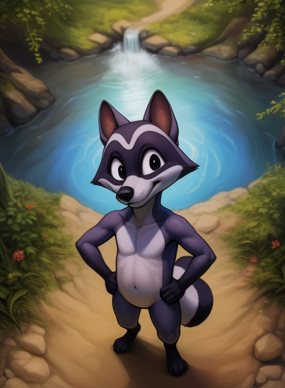 <lora:DerekTutTwiYif:1> DerekTutTwi, raccoon, black nose, white sclera, (chibi, small body)
[  solo, nature, forest, day, clouds, waterfall,  smile,] (solo focus, )  ((Hands on hips, standing, hand behind head, high-angle view,(thumbs up)))
(beautiful, aesthetic, perfect, delicate, intricate, saturated colors), masterpiece, digital drawing, best quality,
[by kenket|by totesfleisch8], by thebigslick:by silverfox5213:0.8], [by syuro, by paloma-paloma::0.2, (Tricksta, TotesFleisch8)