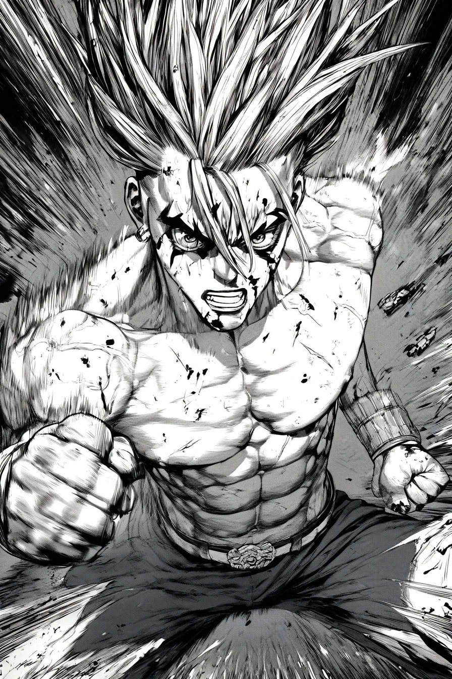 score_9, score_8_up, score_7_up, score_6_up, score_5_up, score_4_up,<lora:Boichi_style_pony:1>, boichi style, greyscale monochrome, male focus, 1boy, blood, topless male, abs, solo, blood on face, motion blur, hatching, battle, (((fist))), incoming attack, (((incoming punch))), punching, injury, veins, scar,  entire body, legs, alone, looking at the viewer, masterpiece, highres, highly detailed face, highly detailed shining eyes, symmetrical highly detailed eyes