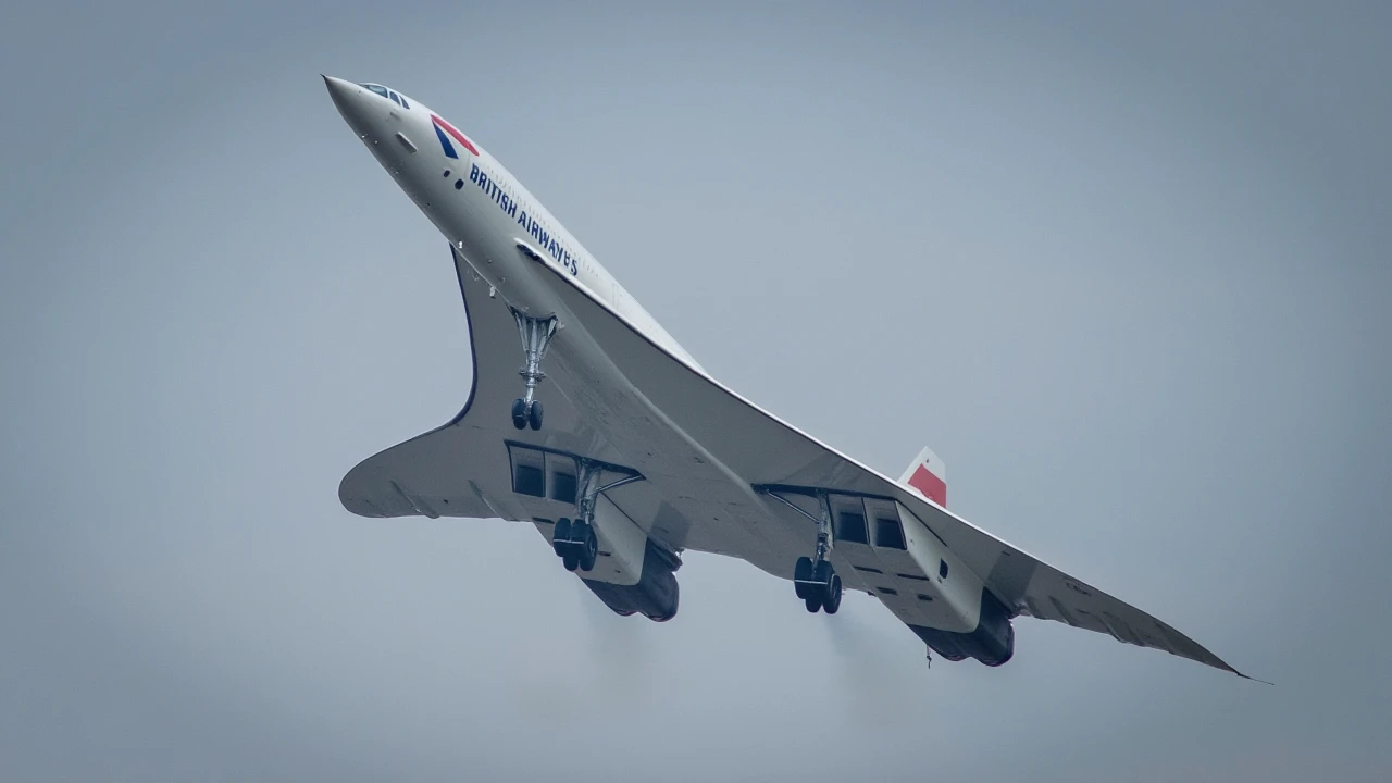 a  photo from below of a concorde ,text says <British Airways>,professional background, dramatic camera angle, gorgeous, intricate, elegant,<lora:concorde:1.2>