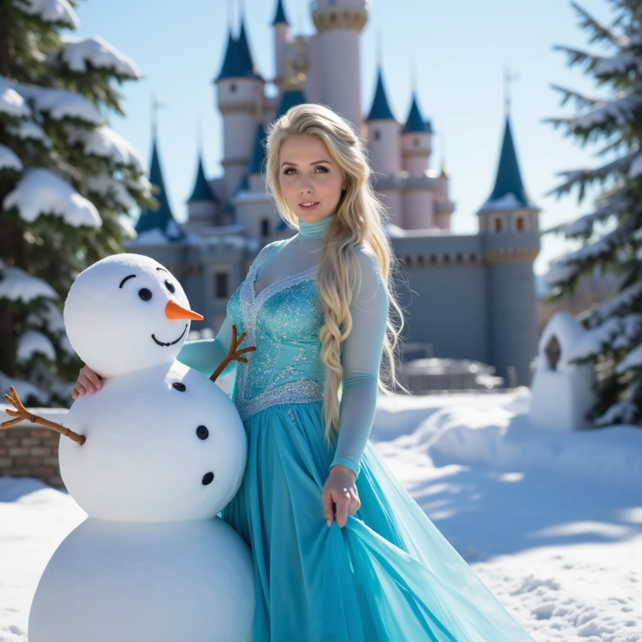 Lena Paul glamourous full body portrait. she has white long oneside braided hair and wears a turtleneck blue princess dress with sparkles. She poses in front of a castle with snow. She is holding a carot and stand next to a snow man  <lora:LenaPaul:1>