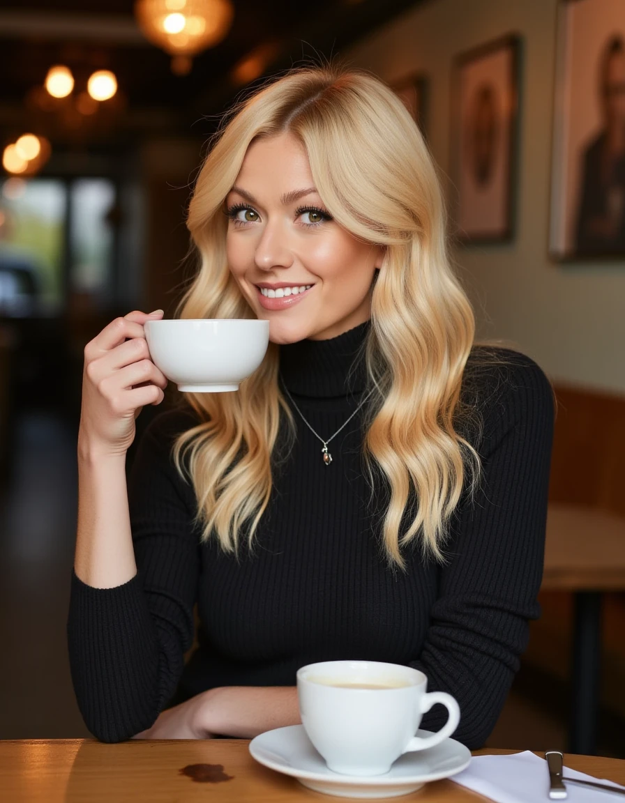 <lora:Katherine_McNamara:1>realistic photo of katherinemc, blonde, wearing a turtleneck fitted sweater in a cafe having a coffee. looking at the viewer, smiling