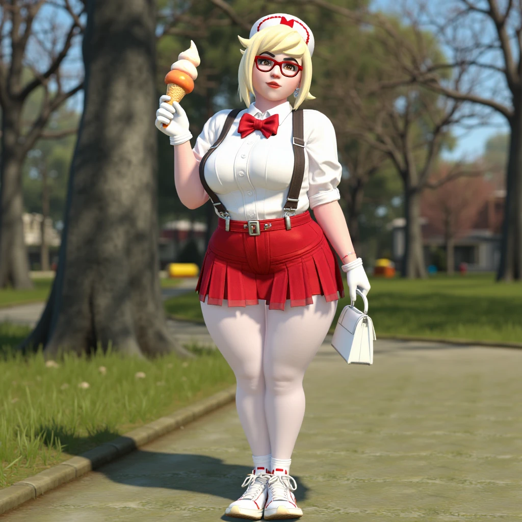 plump, mei_(overwatch), park, holding_food, ice_cream, 
1girl, gloves, skirt, suspenders, bow, glasses, white gloves, solo, blonde hair, hat, red bow, earrings, full body, pantyhose, bowtie, jewelry, shoes, shirt, red skirt, white shirt, bag, sneakers, white pantyhose, belt, standing, breasts, pleated skirt, nurse cap, red bowtie, red-framed eyewear, 