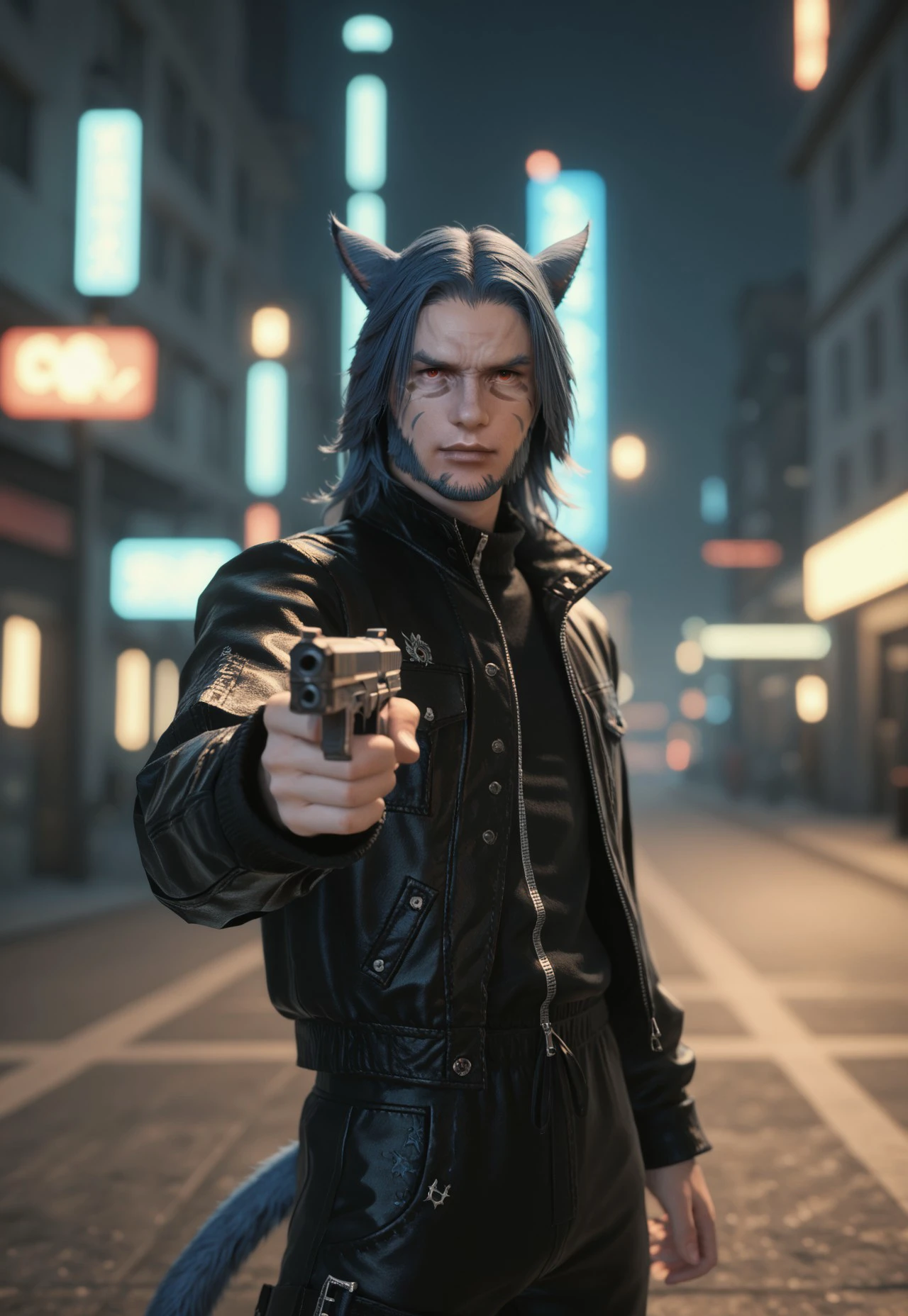 Score_PnyReal, A cinematic shot, face2_xiv, miqo'te, 1boy, male focus, blue hair, red eyes, cat ears, animal ear fluff, miqo'te, purple and black bodysuit, , weapon holding, gun in hand, very long hair, zipper, leather jacket, teal jacket, neon , city background, futurism, cinematic lighting,depth of field, subsurface scattering, MXAA, ultrasharp , fantasy vibes, spotlight, rembrandt lighting, neon sparkles,, 3d, final fantasy xiv, fantasy