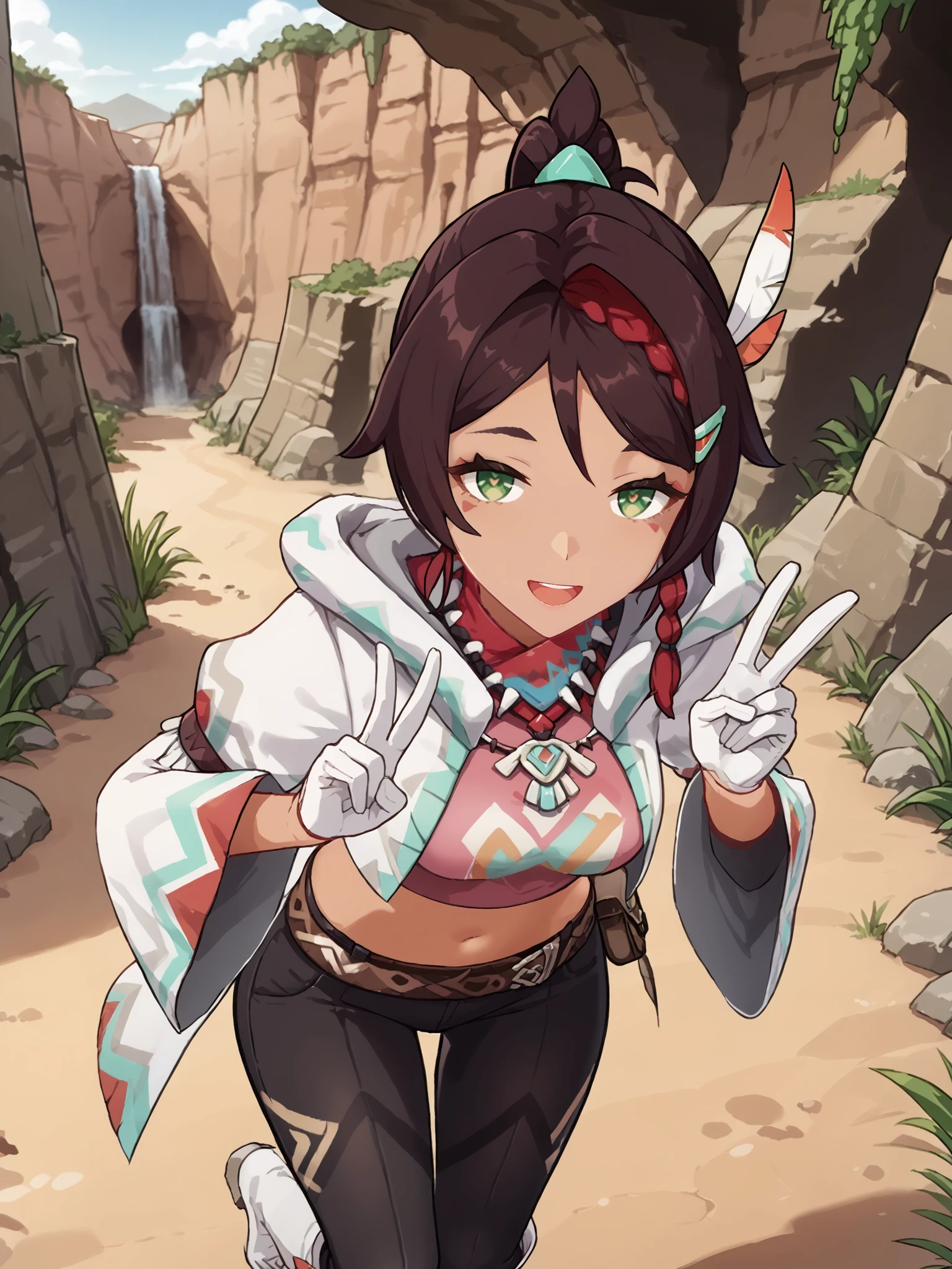 score_9, score_8_up, score_7_up, source_anime, BREAK
<lora:age_slider_v4:0>, (detailed eyes, detailed face, beautiful eyes, long eyelashes, thick eyelashes:1.5), (native indian village, huts, canyon, desert, tribal village:1.5), running, from above, (cute pose:1.5), perspective, pov, looking at viewer, (smiling, open mouth, upper teeth only:1.5), (v, peace sign:1.5), (floating ponytail:1.5), BREAK
<lora:Genshin_NPC_Chiychu_Pony_v1:0.8>, gchiychu, (adult, grown-up:2), brown hair, green eyes, asymmetrical hair, single braid, braided ponytail, sidelocks, (dark skin, dark-skinned female:1.5), facial mark, feather hair ornament, feathers, hairclip, multicolored hair, streaked hair, red bandana, tooth necklace, jewelry, hooded coat, hood down, open coat, puffy shoulders, pink shirt, heart print shirt, midriff, navel, (long sleeves, wide sleeves:1.5), white gloves, brown belt, pouch, (black pants:1.5), white footwear, cross-laced footwear, (knee boots:1.6), high heel boots, (wide hips:1.5),