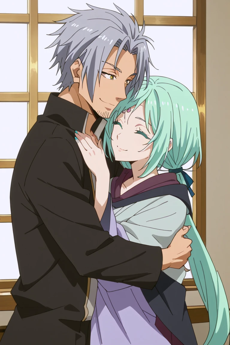 score_9, score_8_up, score_7_up, source_anime, rating_safe, YoumTGRS, grey_Youm_hair, yellow_Youm_eyes, black_Youm_facial hair, 1boy, couple focus, MjurTGRS, light teal_Mjur_female hair, 1girl, anime screencap, smile, hetero, husband and wife, closed eye, hug, sweet-cute wallpaper