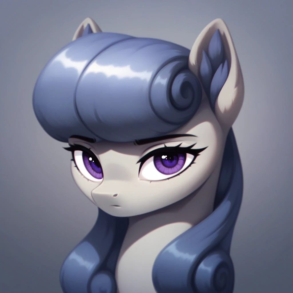 masterpiece, score_9_up, score_8_up, score_7_up, score_6_up, (best quality:1.1), ultra-detailed, high resolution, solo, BigSister, pony, pony oc, mlp, feral, eyebrows, (((beautiful detailed purple eyes))), long eyelashes, mare, female, fluffy pony ears, gray skin, black mane, apathetic, detailed facial features, portrait, looking at viewer, expressiveh, simple background, highly visible, sharp focus, anatomically correct