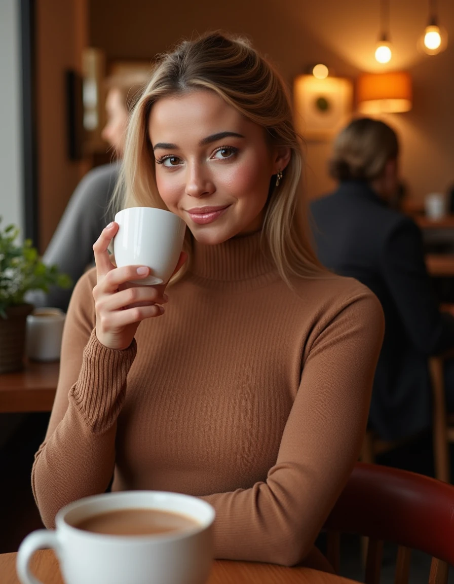 <lora:Olivia_Dunne_Flux:1>  realistic photo of oliviadunne,  wearing a turtleneck fitted sweater dress, in a cafe having a coffee. looking at the viewer, smiling