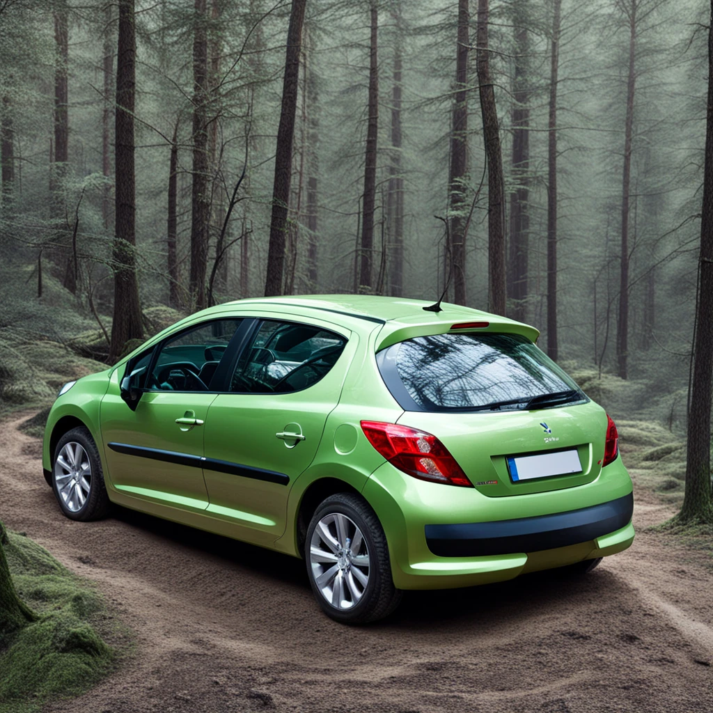 green car, car parked in the forest, Peugeot 207, realistic, dusty car, rear right view