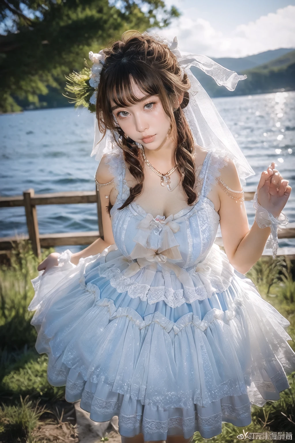 (masterpiece, best quality:1.2),illustration,8k,hd,huge filesize,lens flare,1 girl,very long hair,solo,brown hair,bswq,dress,white dress,blue dress,jewelry,necklace,pantyhose,bow,lace,lace trim,lace-trimmed dress,sleeveless dress,big breasts,(cleavage:1.4),bouncing breasts,lake,extremely detailed dress,sky,crystalstexture skin,areola,nipples,