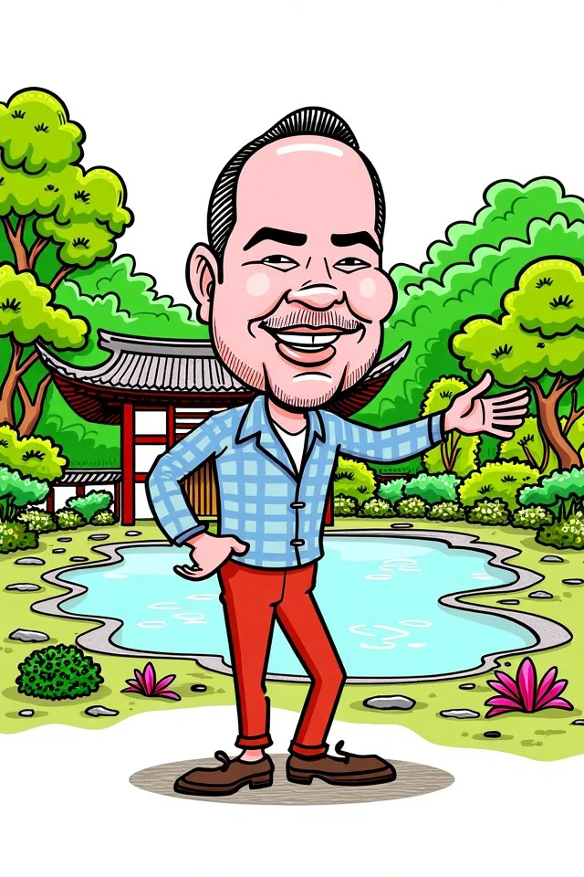 crctfl style, man standing, full body, exaggerated, expressive, comedy, parody, illustration, Traditional Japanese garden and serene pond 
<lora:flux_events_Caricature_crctfl_style:1>