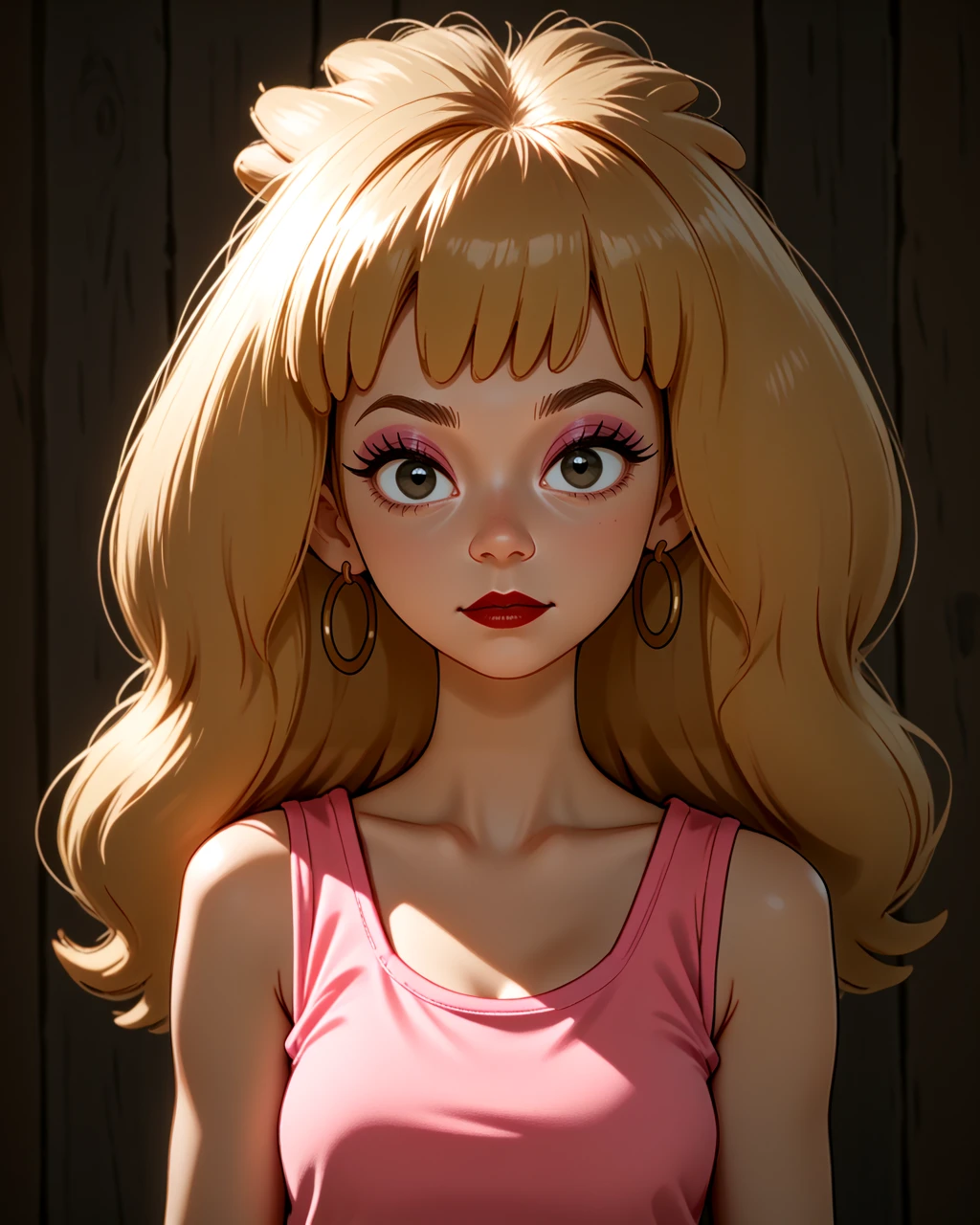 score_9, score_8_up, score_7_up,  <lora:Tinona_Sumouski_PONY:1> 1girl, blond hair, black eyes, makeup, big hair, long hair, hoop earrings, pink shirt, jorts, jean shorts, sleeveless shirt, pink tank top, portrait, looking at viewer,