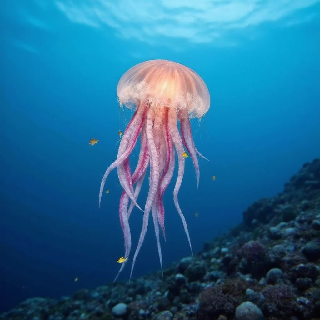 Juaner_whimsy,
A jellyfish with tentacles made of sea anemone tendrils, floating through the clear waters of a coral reef. Its body is transparent and glows softly in the sunlight, with colorful anemone arms flowing gracefully beneath it. Small fish dart in and out of its tendrils, adding to the underwater dance.