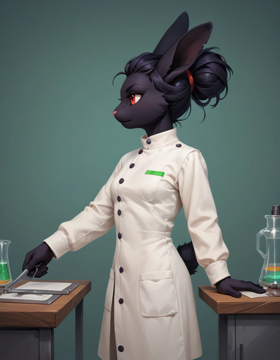 score_9, score_8_up, score_7_up, score_6_up, score_5_up, score_4_up, source_furry, rating_sfw, highly detailed, masterpiece, solo, 1girl, anthro female rabbit, black fur, red eyes, mad_scientist, side view, science lab, surgical table in background, <lora:Outfits\Mad_Scientist.safetensors:0.8:0.8>