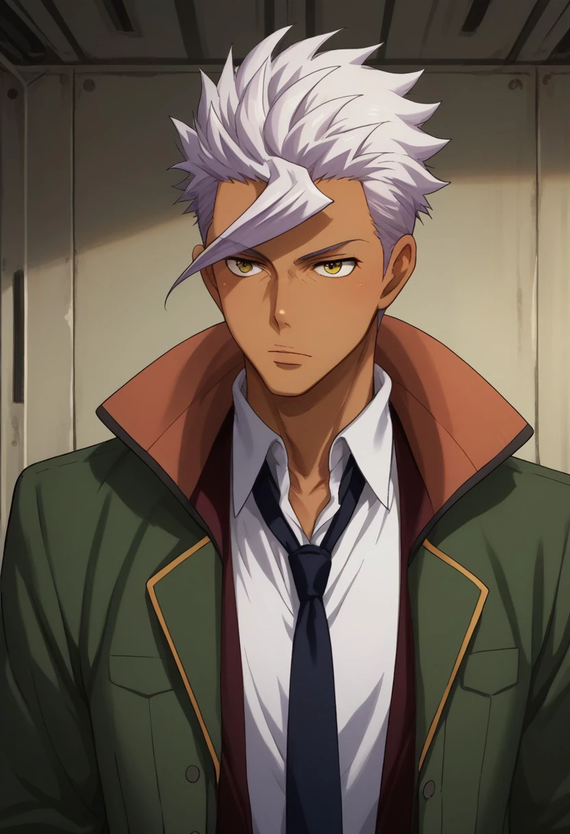 score_9, score_8_up, score_7_up, source_anime, highly detailed,
itsuka, 1boy, 1boy, solo, dark-skinned male, male focus, dark skin, necktie, white hair, yellow eyes, jacket, green jacket, formal, upper body, suit,
indoor, hangar,