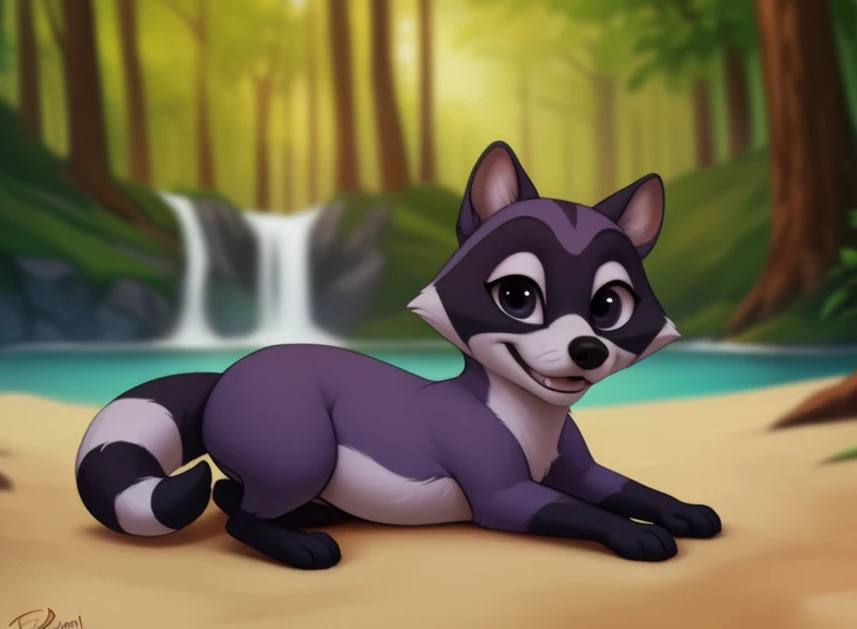 <lora:DerekTutTwiYif:1> DerekTutTwi, raccoon, black nose, white sclera, (chibi, small body)
[  solo, nature, forest, day, clouds, waterfall,  smile,] (solo focus, )  (lying on its side, smiling,) 
(beautiful, aesthetic, perfect, delicate, intricate, saturated colors), masterpiece, digital drawing, best quality,
by ulitochka, by taran fiddler, by Silverfox5213, by personalami,