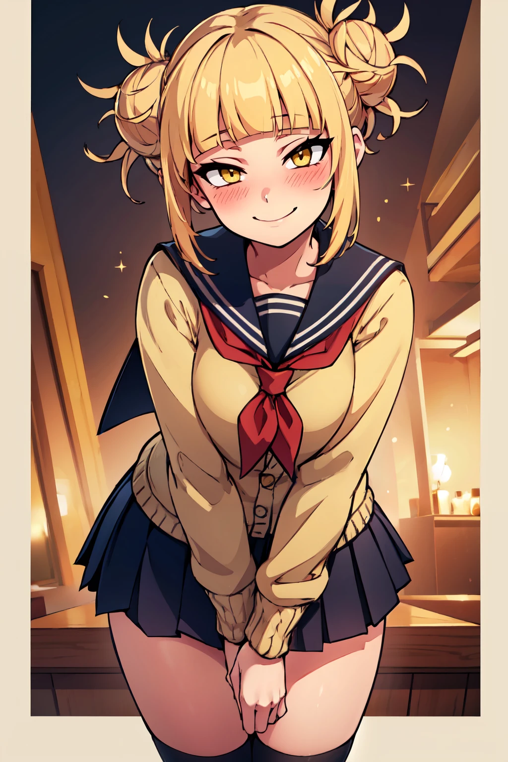 ((masterpiece,best quality)), absurdres,  BREAK, , <lora:Toga_Himiko:0.8>, zztoga, bangs, blonde hair, yellow eyes, blunt bangs, hair bun, double bun, messy hair, skirt, long sleeves, school uniform, pleated skirt, shoes, serafuku, socks, sailor collar, blue skirt, neckerchief, kneehighs, brown footwear, cardigan, black socks, loafers, red neckerchief, yellow cardigan,, BREAK, leaning forward, head tilt, blush, upper body,, BREAK, solo, smile, looking at viewer, cowboy shot,