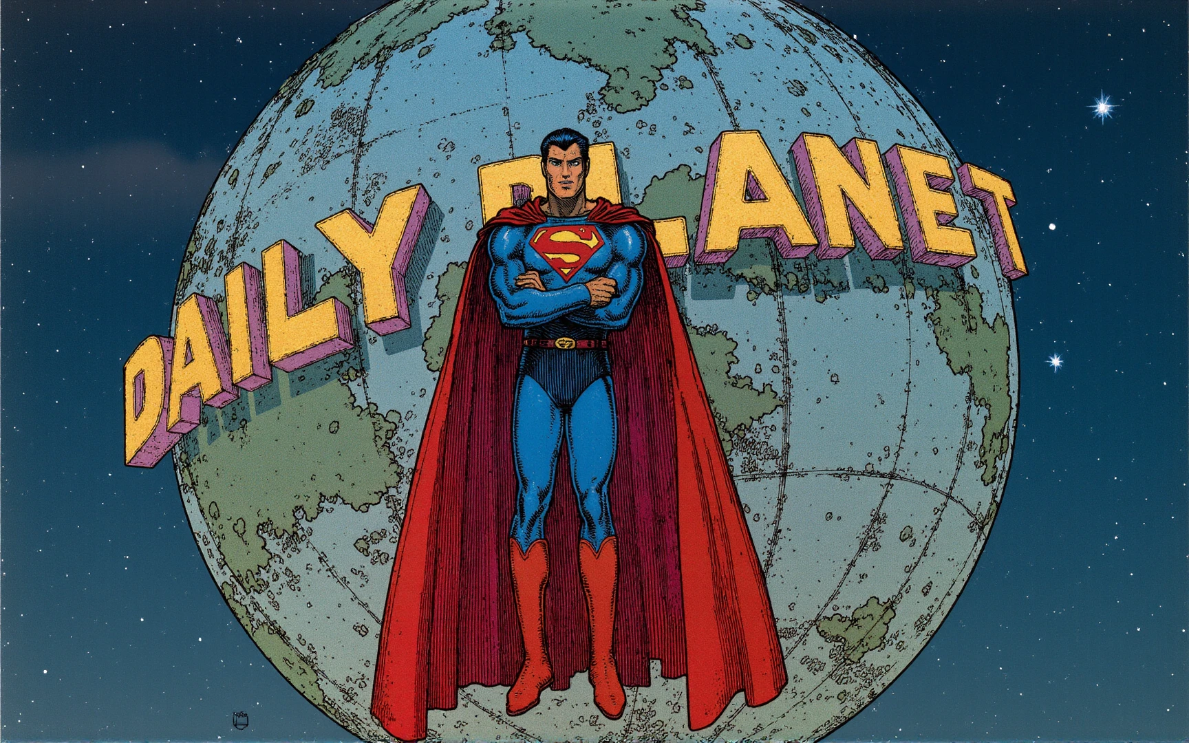 Close-up of Superman hovering in a standing position in the air. His arms are crossed. He is looking at the viewer. A big metal globe with the words "DAILY PLANET" is behind himâdetailed image. Beautiful lighting. <lora:MoebiusFlux_v1:1> art, moebius, moebius-style