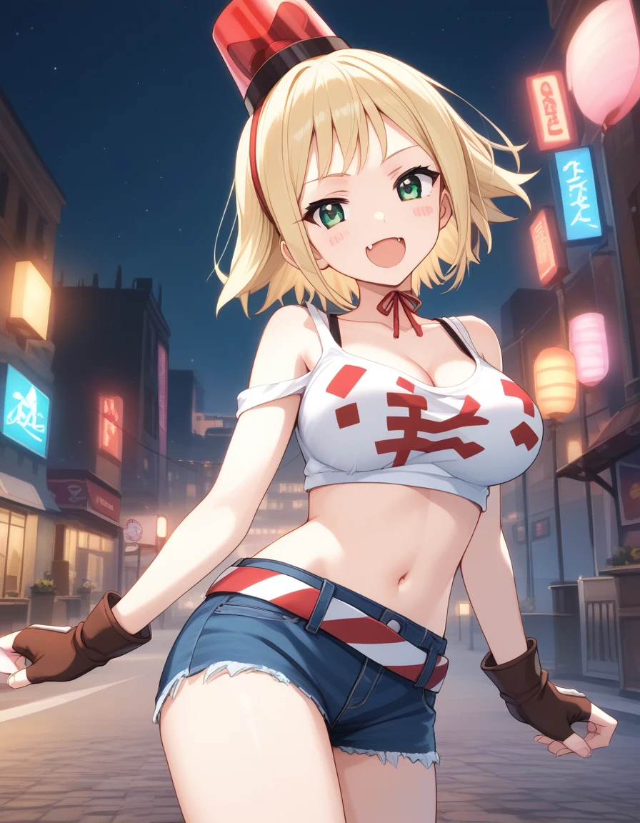 patoranran, blonde hair, green eyes, short hair,  blush stickers, large breasts, fang
 hairband, bare shoulders, bra strap, cleavage, cutoffs, crop top, midriff, fingerless gloves, brown gloves, navel, denim shorts, short shorts, belt, sneakers, groin,
 <lora:patoranran_pony_v2:1>
standing, dynamic pose ,
open mouth, blush,light smile
looking at viewer,(cowboy shot,:1.3),
 outdoors, city, score_9, score_8_up, score_7_up, score_6_up, BREAK source_anime, best quality,very aesthetic, zPDXL2,official art,1girl, solo,