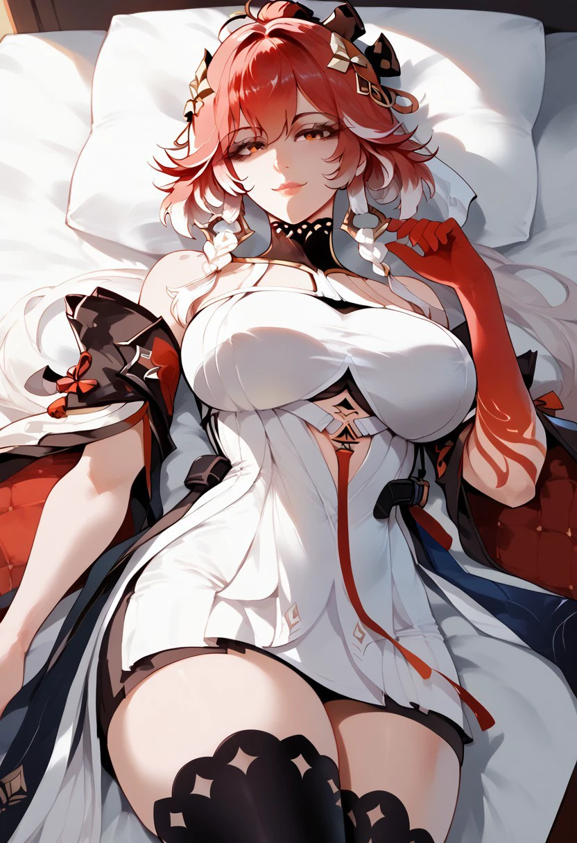 score_9,score_8_up,score_7_up,1girl,solo,mature female,curvy, changli, white dress, looking at viewer, seductive, smile, lying on bed, lying, black thighhigh, red hand