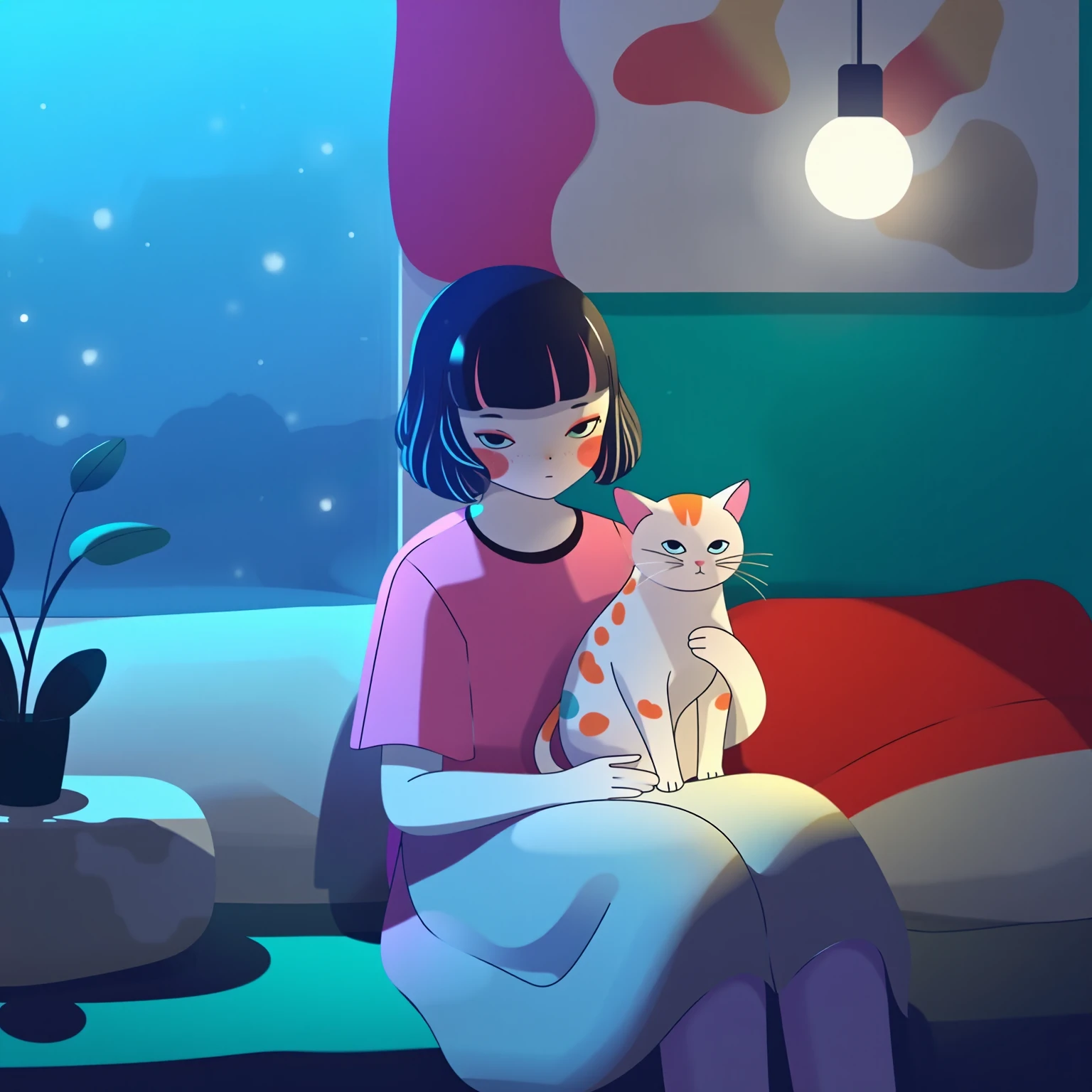 3d octane render, dark dreamy art of a cute little minimalist lo-fi girl with cat on lap, colorful balenziaga, shaping lighting and shadows, cosy lo-fi setting