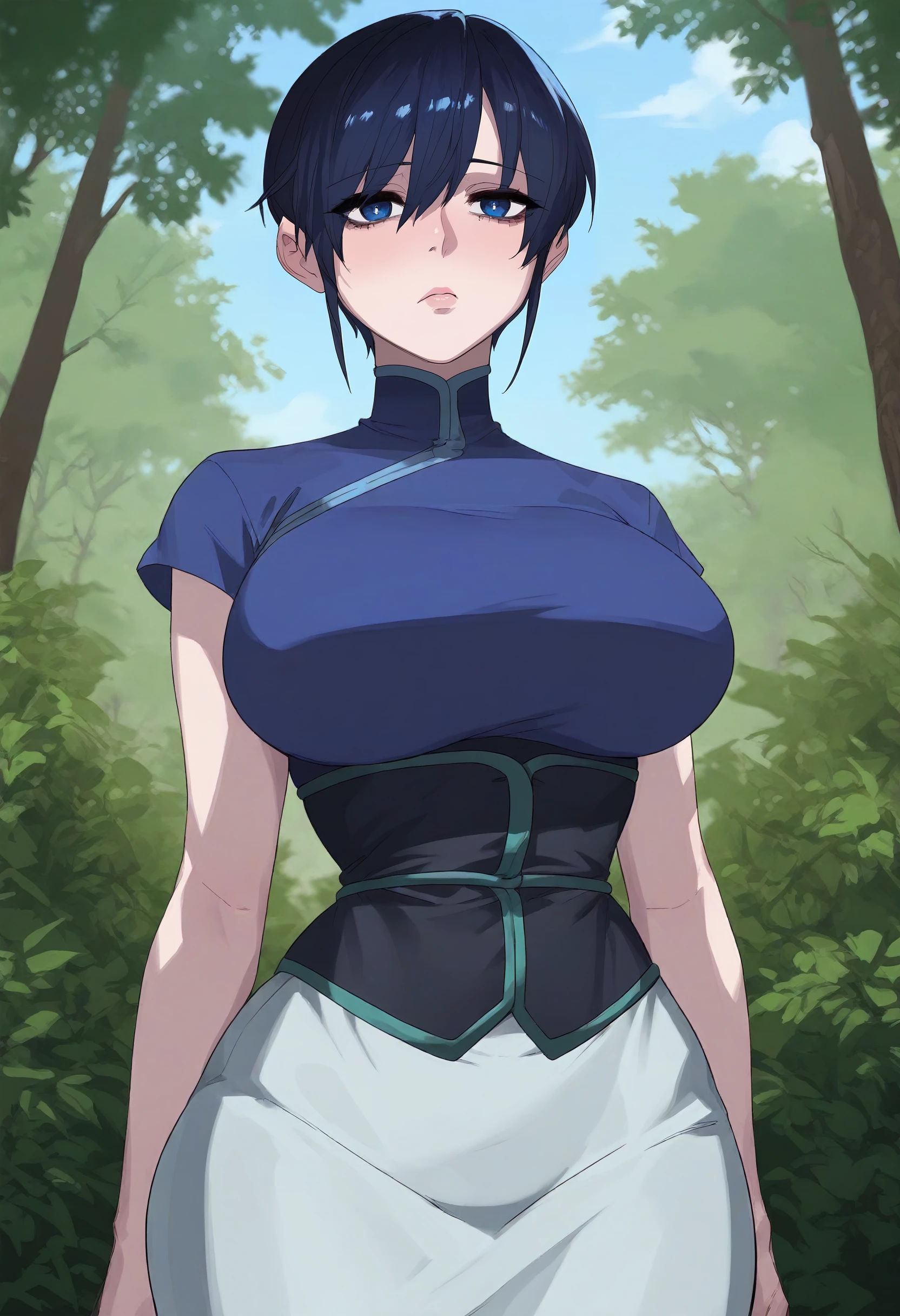 score_9, score_8_up, score_7_up, score_6_up, source_anime, rating_explicit, 1girl, (solo:1.1), huge breasts, <lora:Dan Li-Hwa prefectPonyxl:0.9> short hair, black hair, black eyes, blue eyes, blue hair, white pupils, chinese clothes, turtleneck, blue shirt, short sleeves, black corset, white skirt, expressionless, forest, outdoors, looking at viewer