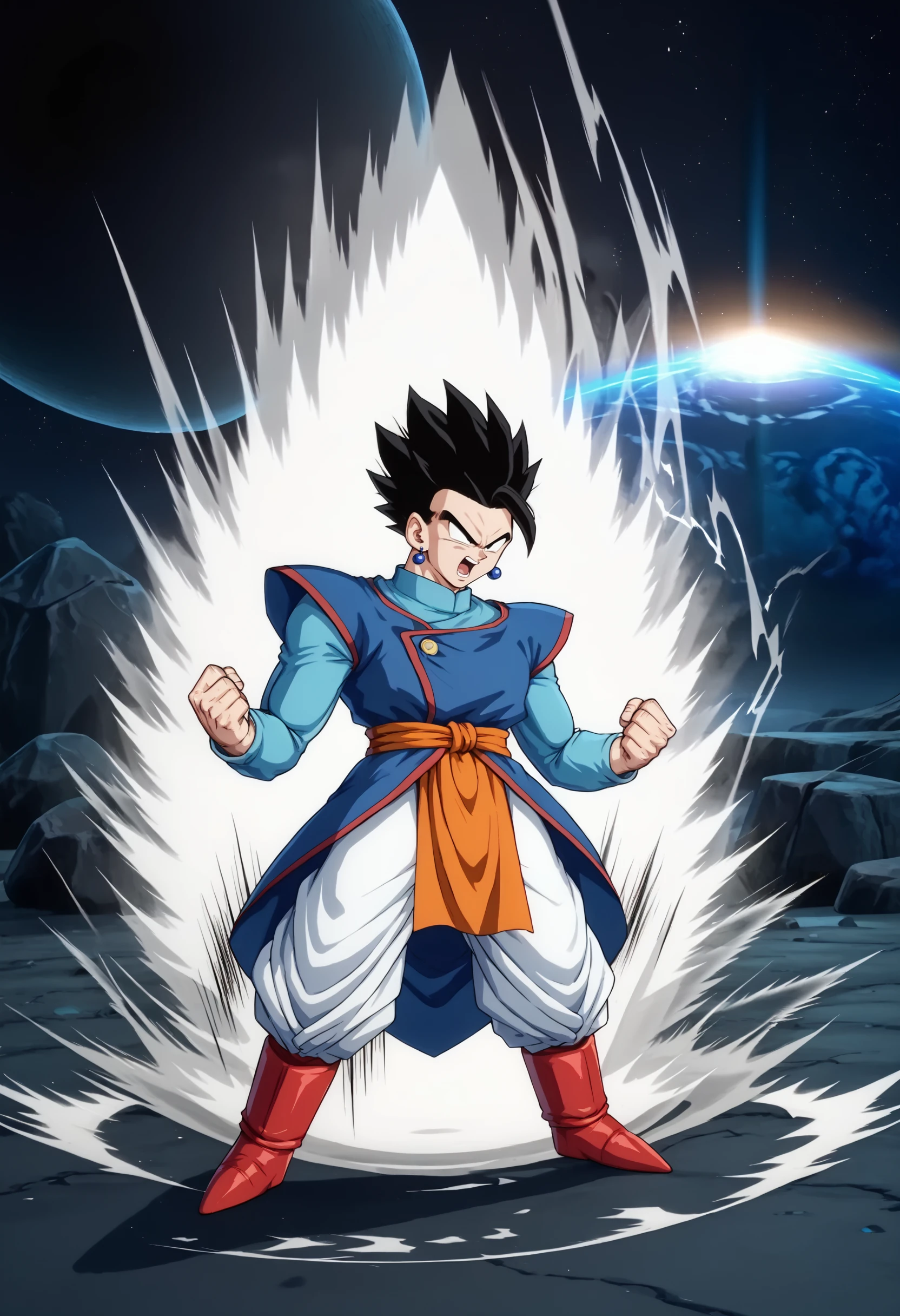 score_9,score_8_up,score_7_up,source_anime BREAK
my5t1c,v-shaped eyebrows,blue shirt,white pants,arms at sides,black eyes, floating rock,spiked hair,long sleeves,blue earrings,orange pelvic curtain,looking down,open mouth,facing viewer,high collar,electricity,red trim,dark blue robe,black hair,red rubber boots,no pupils,gold button,<lora:DBZ Adult Gohan v52:1>,<lora:DBKiCharge_XLPD:1>,Ki Charge,fighting stance,white aura,clenched hands,full body,space,