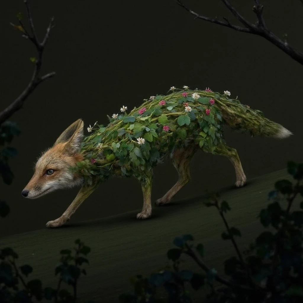 Juaner_whimsy,
A fox with a tail made of long, trailing ivy vines, darting through a shadowy forest. Its fur is soft and moss-like, and tiny flowers bloom along its sides as it moves. The fox’s eyes glimmer like glowing embers, and it moves silently, disappearing into the foliage like a wisp of mist.