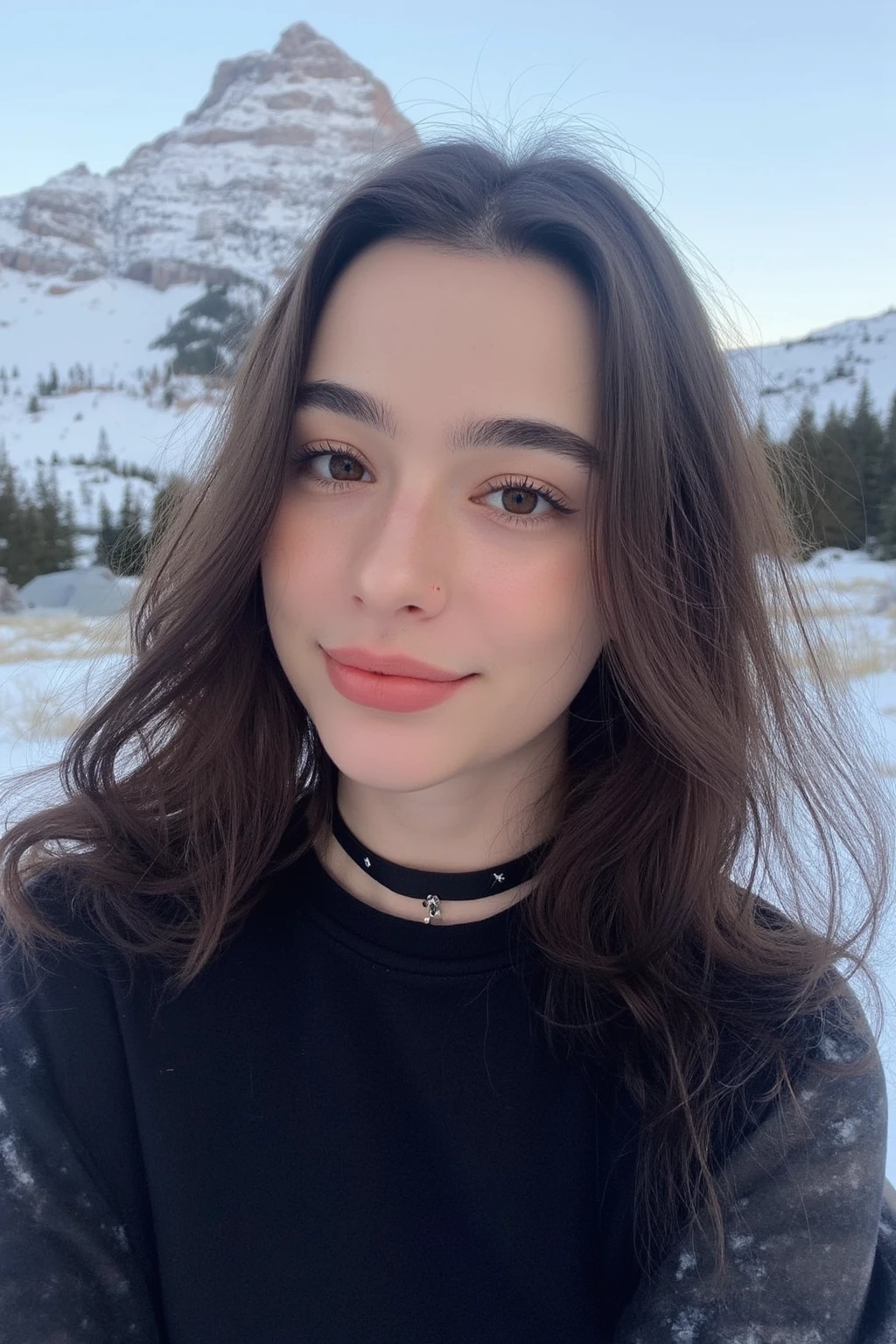 Instagram selfie of a young woman DashaTaran posing for a photo in front of a snowy mountain. She is wearing a black tshirt and a black choker necklace. Her long dark hair is styled in loose waves and she is looking directly at the camera with a slight smile on her face.