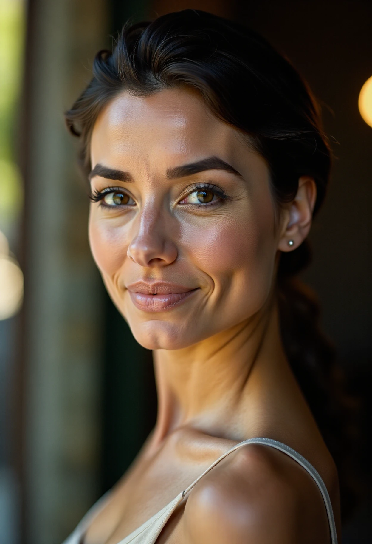 A well-lit, close-up portrait of lupefuentes. She is facing the camera with a confident, soft smile, her eyes bright and expressive. The background is blurred, highlighting her face, and she is styled with sleek hair, subtle makeup, and a casual, elegant outfit. The lighting is natural, giving her skin a soft glow.  <lora:Lupe_Fuentes_Flux:1>