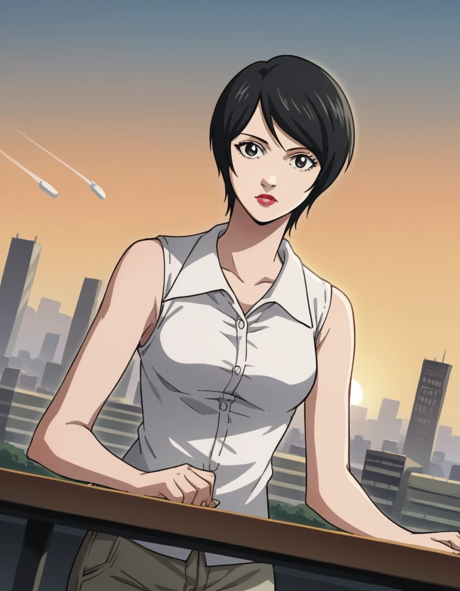 score_9, score_8_up, score_7_up, source_anime, <lora:takada-kiyomi-anime-ponyxl-lora-nochekaiser:1>, takada kiyomi, short hair, black hair, black eyes, lipstick, medium breasts,, shirt, sleeveless, pants, sleeveless shirt, collarbone,, rooftop, sunset, cityscape, quiet moment, wind blowing, contemplative, , looking at viewer, arm resting on table, solo,, cowboy shot, dutch angle