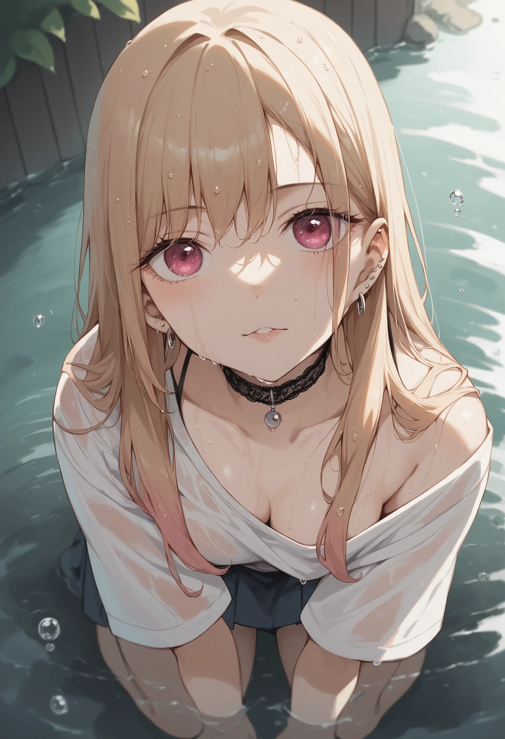 score_9, score_8_up, score_7_up, source_anime BREAK 1girl, <lora:Marin-000013:1>
m4r1n, solo, choker, piercing, earrings, kneeling, from above, looking at viewer, v, water, wet face, wet hair, water drop, rain