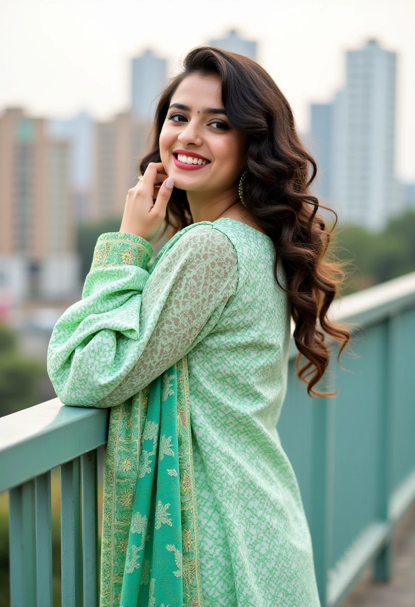 A photo of a Pakistani female model wearing a vibrant green and white salwar kameez with a beautiful intricate design. She is standing on a balcony and is smiling and posing for a photoshoot. The background contains a cityscape with buildings. The lighting is soft, Salwar_Kameez_Flux, Wearing a Salwar Kameez, APW_Flux, Pleasant:BrownTone, Freckles, Curly Hair